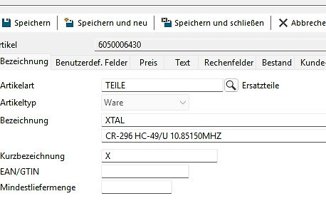 Software-Eingabemaske für Artikelstammdaten