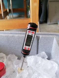 Digitales Thermometer in Eiswürfeln