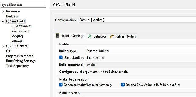 Einstellungen für C/C++ Build in einer Entwicklungsumgebung