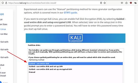 Screenshot einer Kali Linux Installationsanleitung