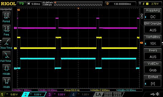 Oszilloskop-Screenshot mit drei digitalen Signalen