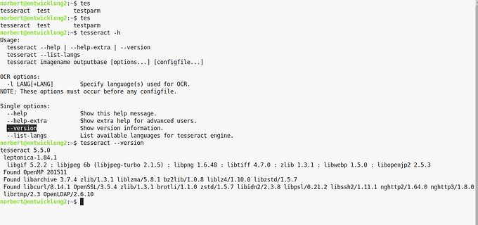 Terminal-Ausgabe der Tesseract OCR Version