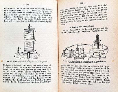Buchseite mit Zeichnungen eines Tesla-Transformators