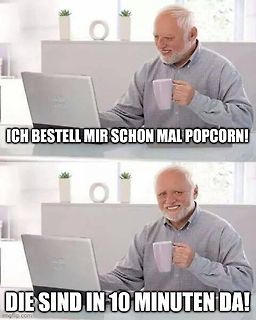 Meme mit einem lachenden Mann und Popcorn-Text