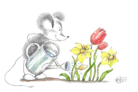 Comic Zeichnung Maus gießt Blumen