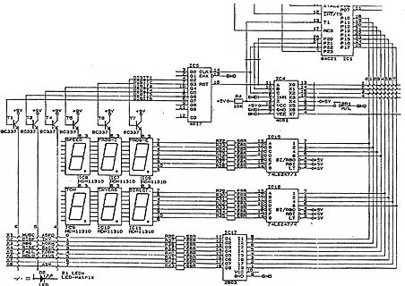 Schaltplan mit Mikrocontroller, 4017, 74LS247 und 7-Segment-Anzeigen