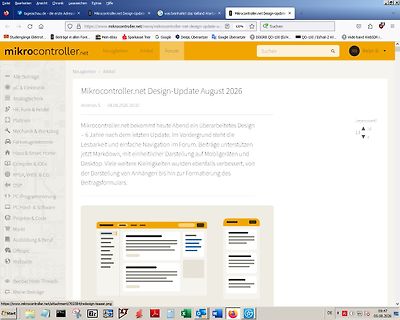 Screenshot der Website mikrocontroller.net mit Design-Update News