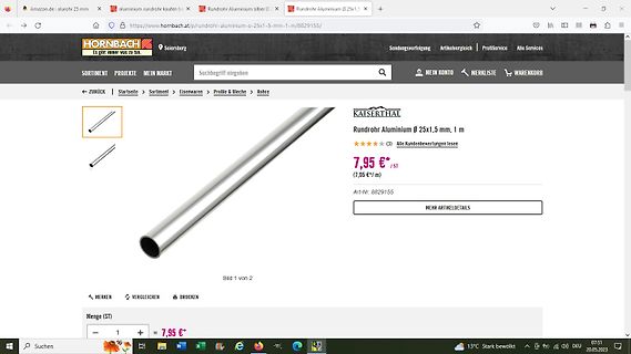 Produktseite eines Aluminiumrohrs im Onlineshop