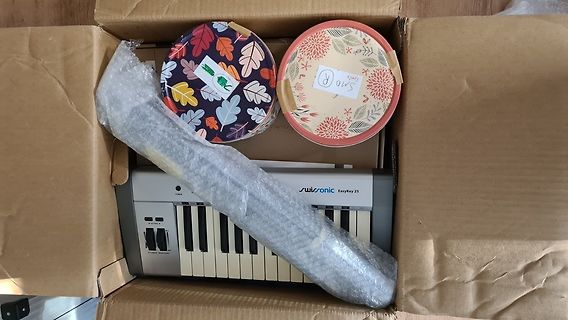 Inhalt eines Versandkartons mit Musikinstrument und Dosen