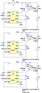 Schaltplan mit drei NE555-Timern und BC857B Transistoren