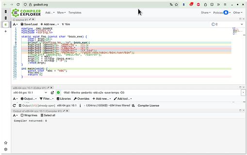 Compiler Explorer C-Code Anzeige