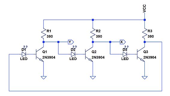 Schaltplan mit drei Transistoren und LEDs