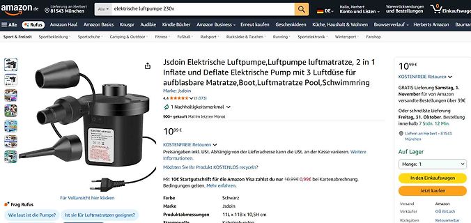 Amazon Produktseite einer elektrischen Luftpumpe