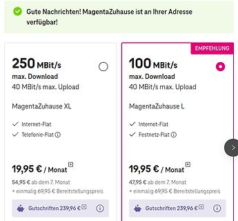 Tarifübersicht für Internet-Angebote