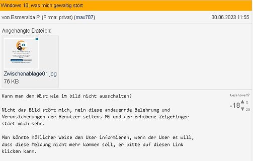 Screenshot eines Forenbeitrags über Windows 10