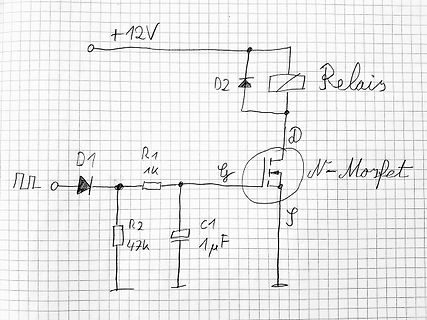 Handgezeichneter Schaltplan mit Relais und N-MOSFET