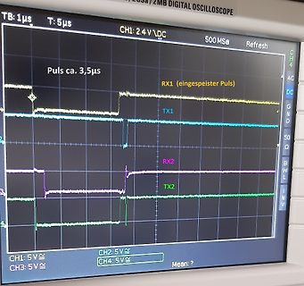 Abfotografierter Bildschirm eines digitalen Oszilloskops mit Signalverläufen