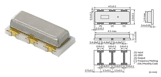 Bauteilfoto und technische Zeichnung eines Quarzes