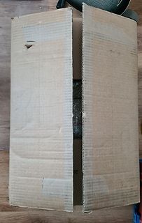 Ein geöffneter Pappkarton auf einem Holzboden