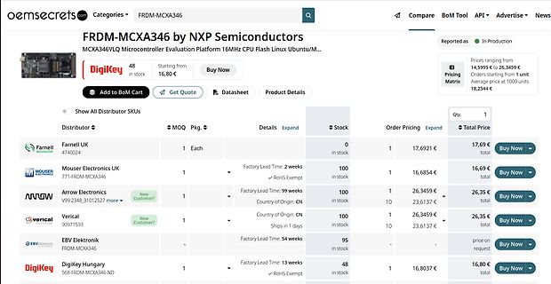 Webseite eines Elektronik-Distributors für FRDM-MCXA346