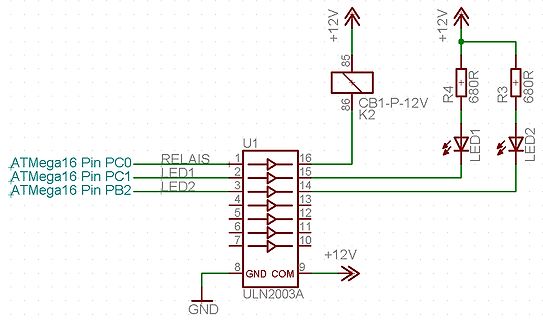 Schaltplan mit ULN2003A, Relais und LEDs