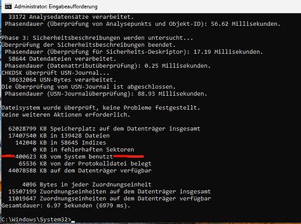 Windows CHKDSK Analyseergebnis im Terminal
