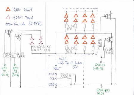 Handgezeichneter Schaltplan mit Transistoren und LEDs