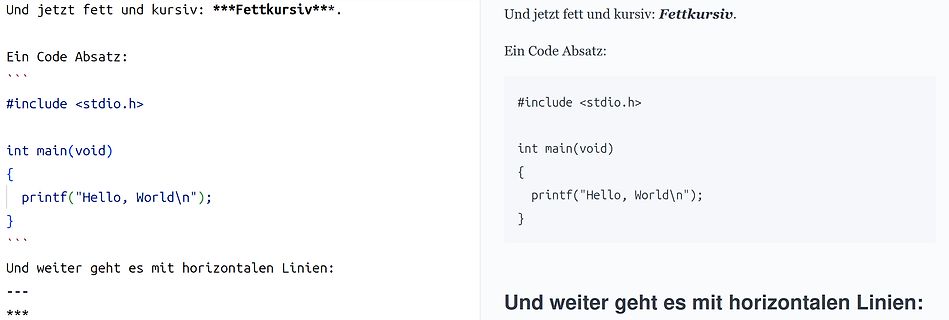 Vergleich von Markdown-Formatierung und C-Code-Darstellung