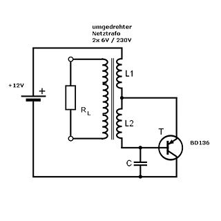 Schaltplan eines umgedrehten Netztrafos mit Transistor