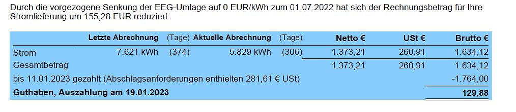 Auszug einer Stromrechnung