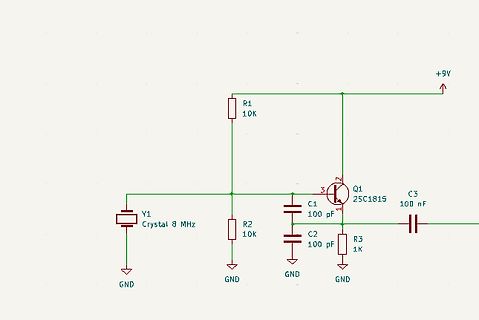 Schaltplan eines Oszillators mit Transistor und Quarzkristall