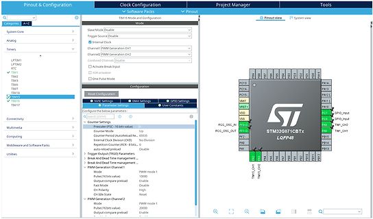 Software-Konfiguration und Pinout-Ansicht eines STM32 Mikrocontrollers