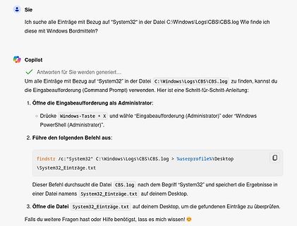 Copilot-Antwort zur Suche nach System32-Einträgen in CBS.log