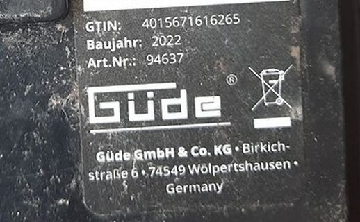 Typenschild eines Güde Geräts