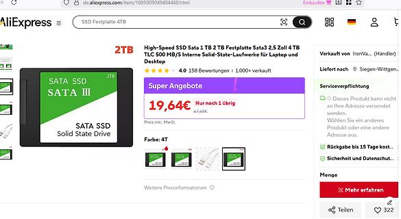AliExpress Produktseite für eine SSD Festplatte