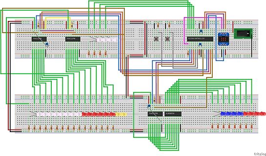 Breadboard-Aufbau mit Mikrocontroller und LEDs