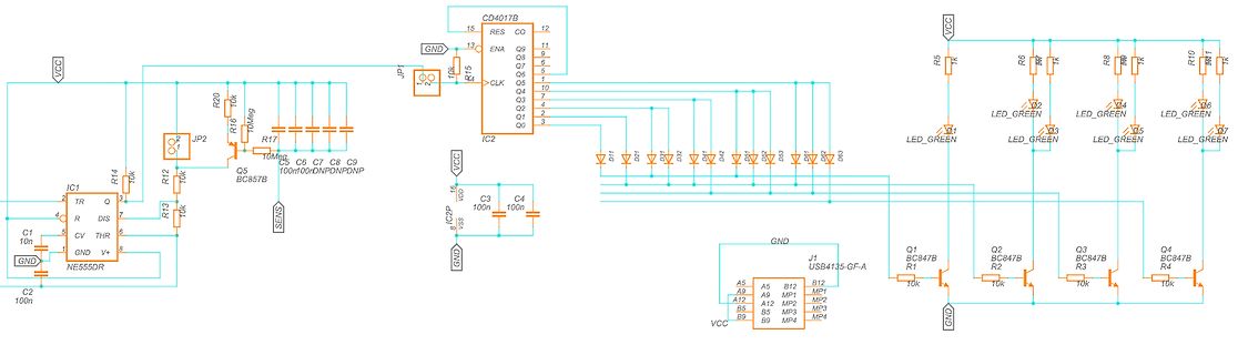 Schaltplan mit CD4017B Multiplexer und LEDs