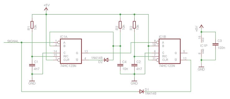 Schaltplan mit zwei 74HC123N Monoflop-ICs
