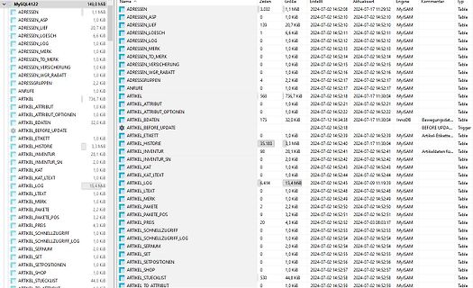 Datenbanktabelle mit Spalten für Name, Größe, Aktualität und Kommentare