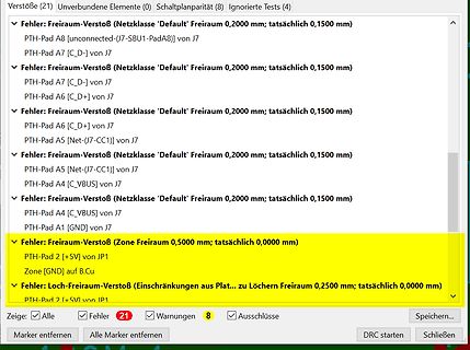 DRC-Fehlermeldungen in einer EDA-Software