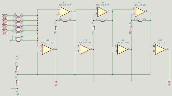Schaltplan eines R-2R DAC mit Operationsverstärkern