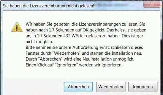 Fehlermeldung zur Lizenzvereinbarung