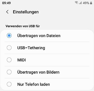 Android USB-Einstellungen Menü