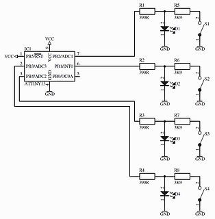 Schaltplan mit ATtiny13 und vier Spannungsteilern
