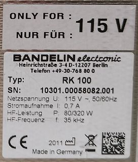 Typenschild eines Bandelin Elektronic Geräts