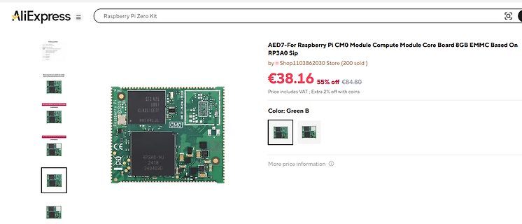 AliExpress Produktseite Raspberry Pi CM0 Modul