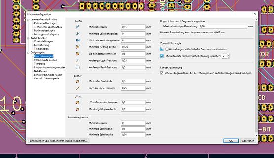 Einstellungen für Platinenkonfiguration in einer CAD-Software