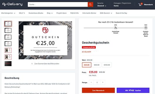 Webshop Produktseite für einen Geschenkgutschein