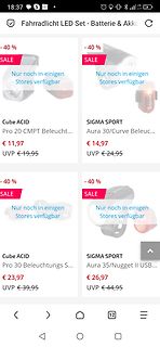 Screenshot eines Online-Shops für Fahrradlichter