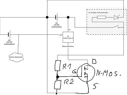 Schaltplan mit Batterien, Victron Cyrix ct und N-MOSFET